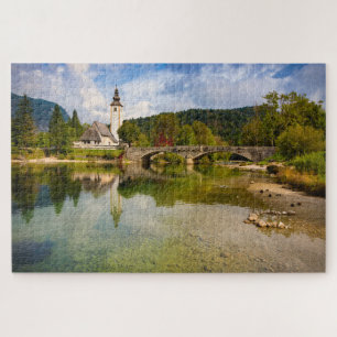 Bohinj lake with church reflection in Slovenia Jigsaw Puzzle