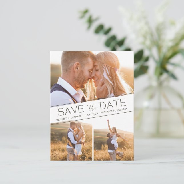 Boho 3 Photo Collage Wedding Save the Date Announcement Postcard (Standing Front)