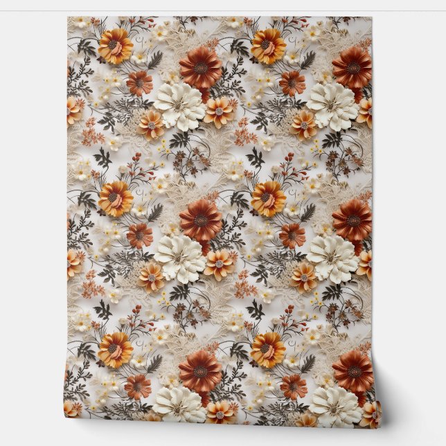 Boho 3d fall autumn wildflowers terracotta rusty wallpaper (Unrolling)
