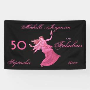 Boho 50th Birthday Pink Woman Dancer Personalised Banner