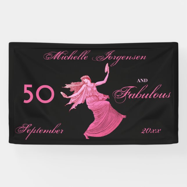 Boho 50th Birthday Pink Woman Dancer Personalised Banner (Horizontal)