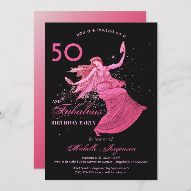 Boho 50th Birthday Woman Pink Dancer Glitter Party Invitation (Front/Back)
