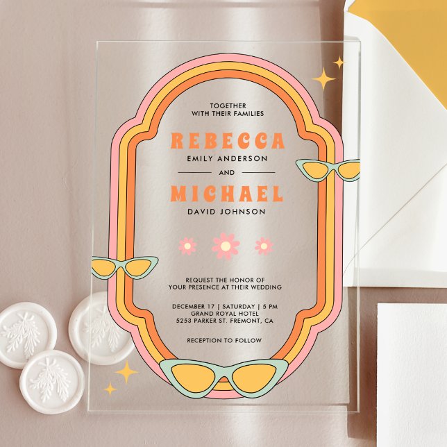 Boho 70s Retro Colourful Groovy Frame Wedding Acrylic Invitations (Creator Uploaded)