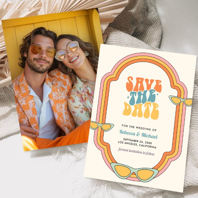 Boho 70s Retro Colourful Groovy Frame Wedding Save The Date (Creator Uploaded)