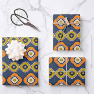 Boho 70s Retro Shapes Pattern Blue Orange Wrapping Paper Sheet