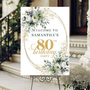 Boho 80th Greenery Gold Birthday Welcome Sign
