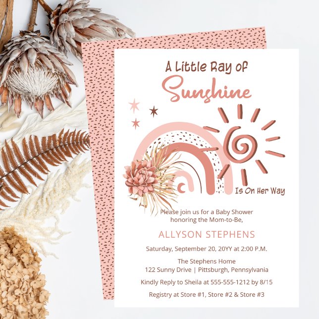 Boho A Little Ray of Sunshine Girl Baby Shower Invitation (Boho Pink A Little Ray of Sunshine Girl Baby Shower Invitation)