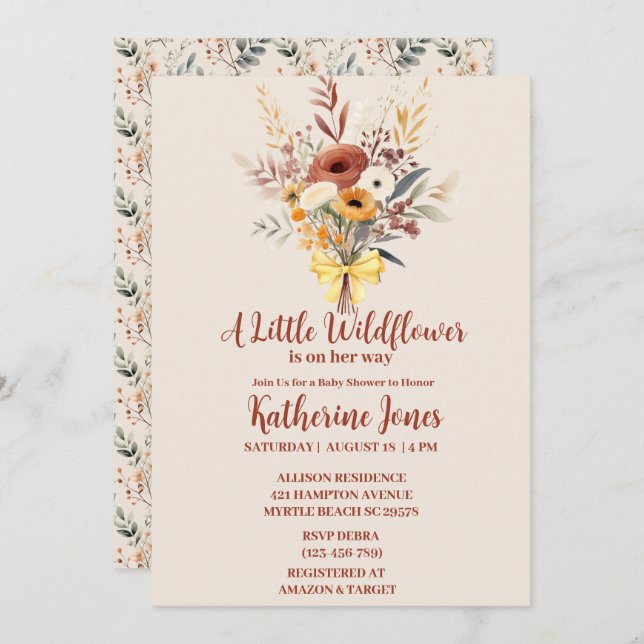 Boho A Little Wildflower Girl Baby Shower   Invitation (Front/Back)