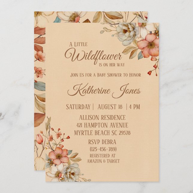 Boho A Little Wildflower Girl Baby Shower   Invitation (Front/Back)