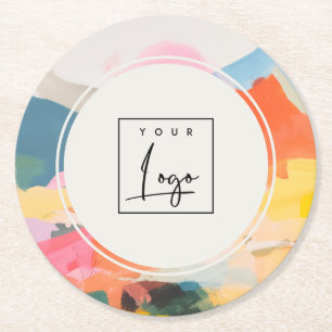 Boho Abstarct Moutain Landscape Pink Blue Logo Round Paper Coaster