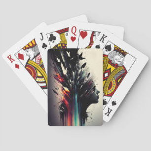 Boho abstract art with girl face playing cards