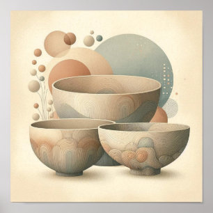 Boho Abstract Ceramic Bowls with Textured Layers Poster