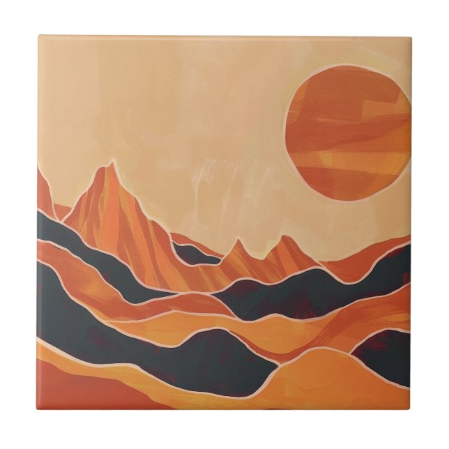 Boho Abstract Desert Landscape with Sun Minimalist Ceramic Tile (Front)