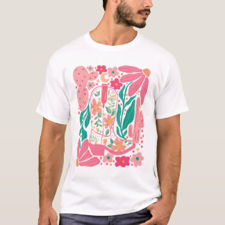 Boho Abstract Flower Retro Cowgirl Boots Flower  T-Shirt