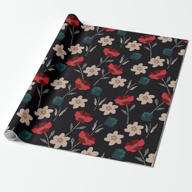 BOHO ABSTRACT FLOWERS ON BLACK WRAPPING PAPER (Unrolled)