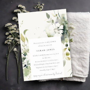 Boho Abstract Green White Floral Baby Shower Invitation