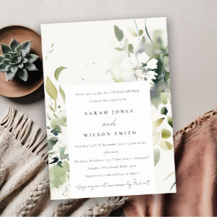 Boho Abstract Green White Floral Couples Shower Invitation