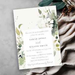 Boho Abstract Green White Floral Engagement  Invitation
