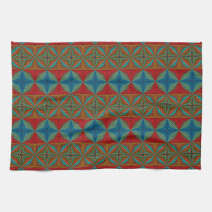 Boho Abstract Hippie Cool Red Blue Ethnic Trippy Tea Towel