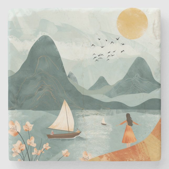 Boho Abstract Landscape (11) Stone Coaster (Front)