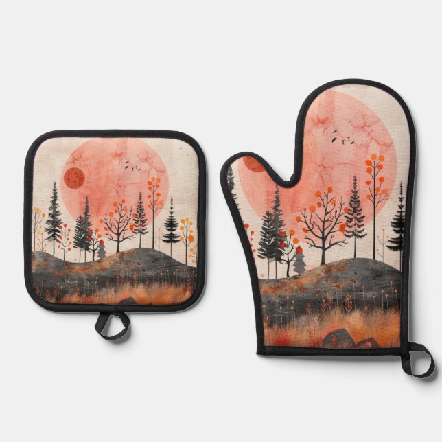 Boho Abstract Landscape (13) Oven Mitt & Pot Holder Set (Front)