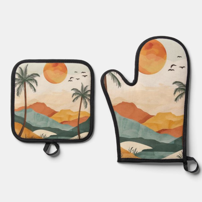 Boho Abstract Landscape (16) Oven Mitt & Pot Holder Set (Front)