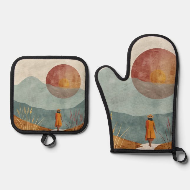 Boho Abstract Landscape (23) Oven Mitt & Pot Holder Set (Front)