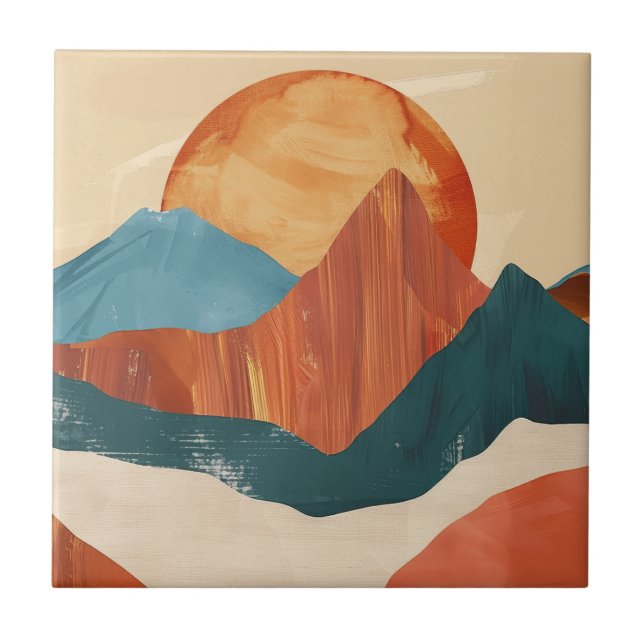 Boho Abstract Mountain Landscape with Sun Ceramic Tile (Front)