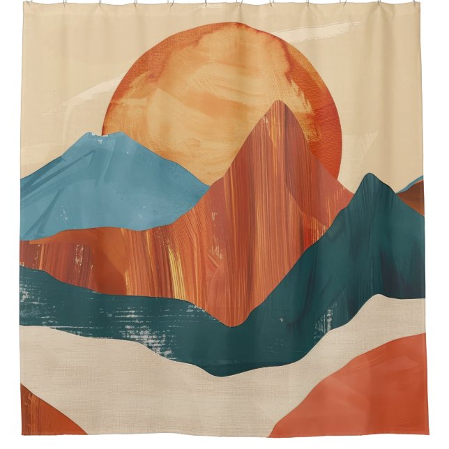 Boho Abstract Mountain Landscape with Sun Shower Curtain (Front)