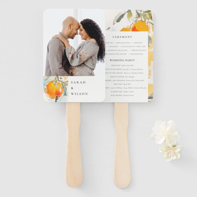 Boho Abstract Orange Garden Wedding Program Hand Fan (Front and Back)