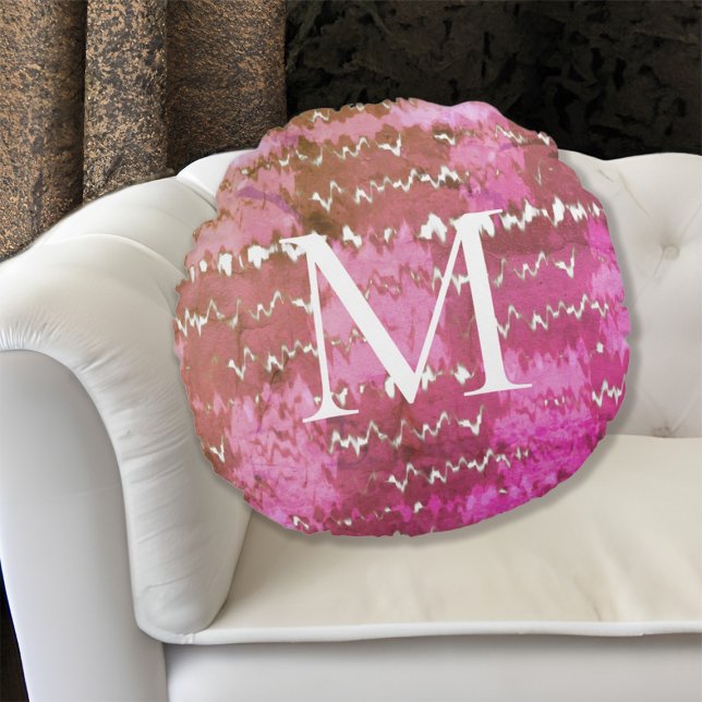 Boho Abstract Pink Tie Dye Pattern Monogrammed Round Cushion (Boho Abstract Pink Tie Dye Pattern Monogrammed Round Pillow)