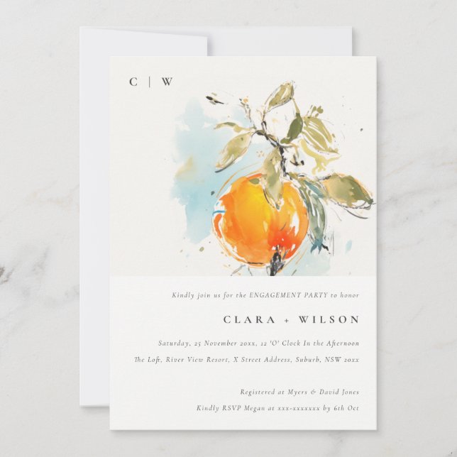 Boho Abstract Sketchy Orange Garden Engagement Invitation (Front)