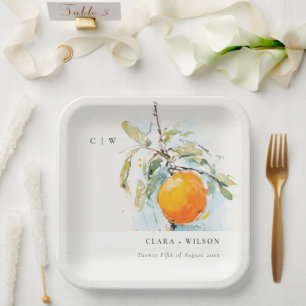 Boho Abstract Sketchy Orange Garden Wedding Paper Plate