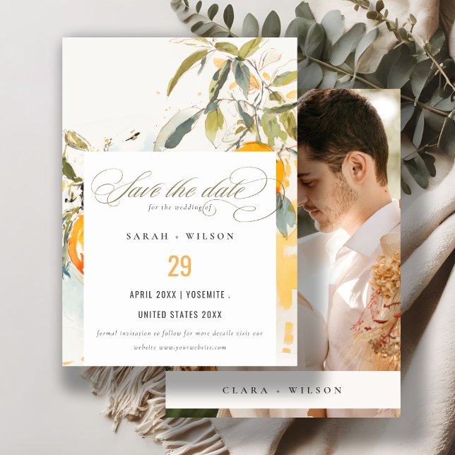 Boho Abstract Sketchy Orange Garden Wedding Photo Save The Date (Creator Uploaded)