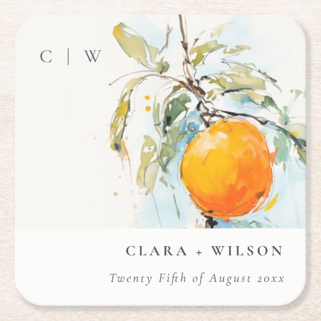 Boho Abstract Sketchy Orange Garden Wedding Square Paper Coaster (Front)