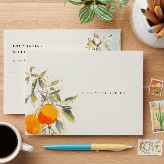 Boho Abstract Sketchy Orange Ivory Wedding Envelope (Desk)