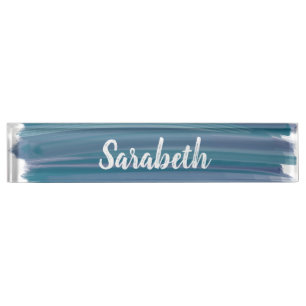 Boho Abstract Watercolor Brush Strokes Earthy Blue Nameplate