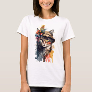 BOHO ABSTRACT WATERCOLOR CAT WITH FLOWERS T-Shirt
