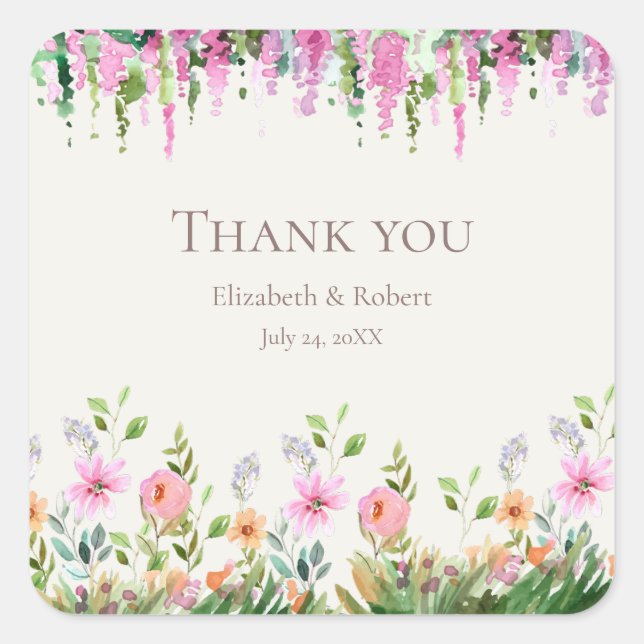 Boho Acacia and Wildflowers Wedding Thank You Square Sticker (Front)