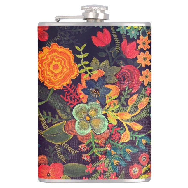 Boho Acrylic Painting Floral Design Hip Flask (Front)