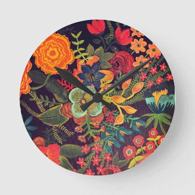 Boho Acrylic Painting Floral Design Round Clock (Front)