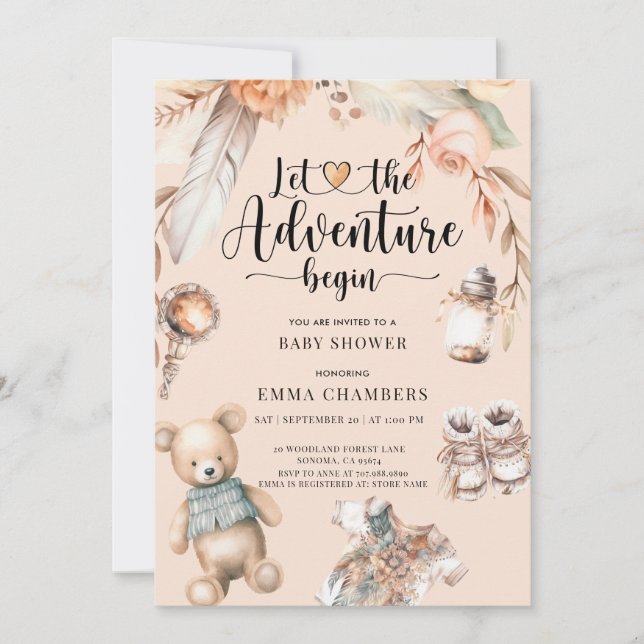 Boho Adventure Begins Baby Shower Gender Neutral Invitation (Front)