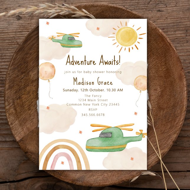 Boho Adventure Helicopter Aeroplane Baby Shower Invitation (Boho Adventure Helicopter Airplane Baby Shower Invitation)
