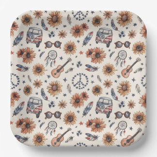 Boho Americana Festival Sunflowers VW Bus 4th of J Paper Plate