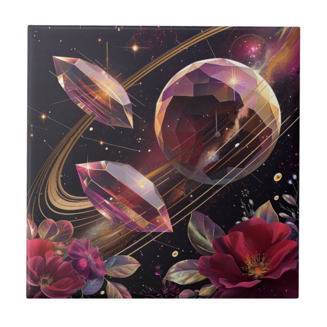 Boho Amethyst Celestial Mystical Pattern Ceramic Tile (Front)
