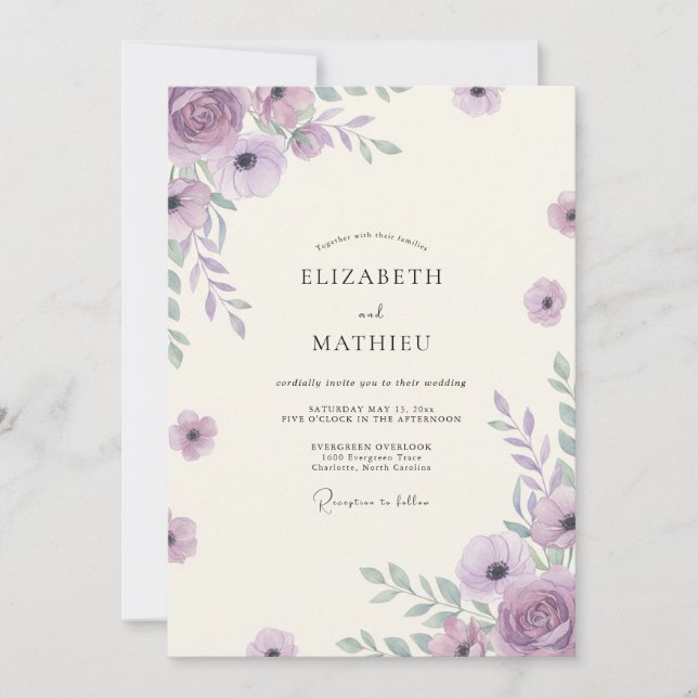 Boho Amethyst Wildflower Wedding Invitation (Front)