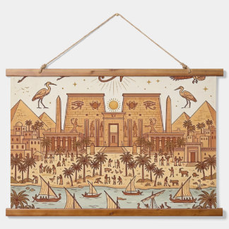Boho Ancient Egyptian City Illustration-Terracotta Hanging Tapestry