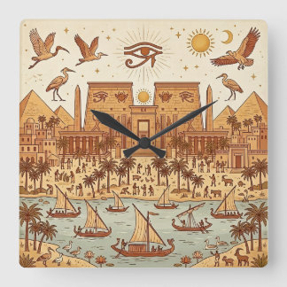 Boho Ancient Egyptian City Illustration-Terracotta Square Wall Clock