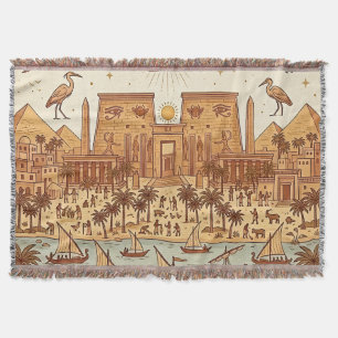 Boho Ancient Egyptian City Illustration-Terracotta Throw Blanket
