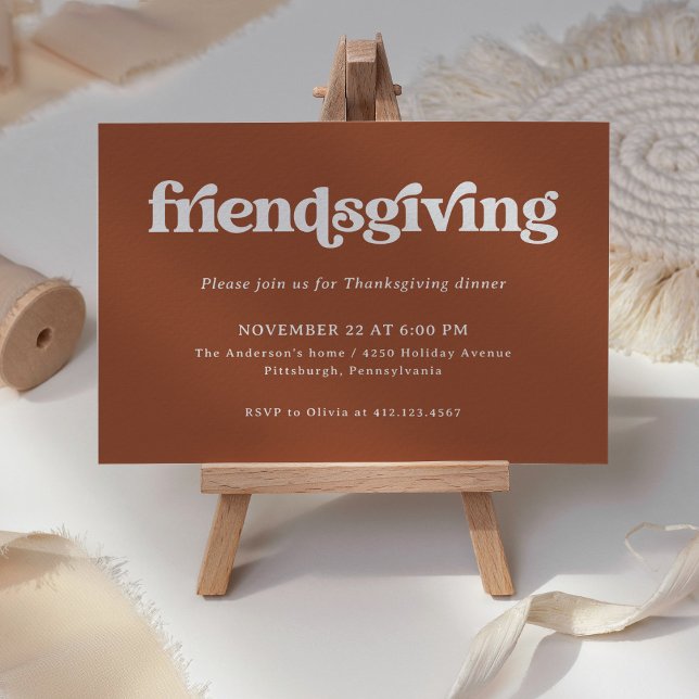 Boho and Retro Terracotta | Friendsgiving Dinner Invitation (A retro, boho Friendsgiving invitation on a terracotta background)
